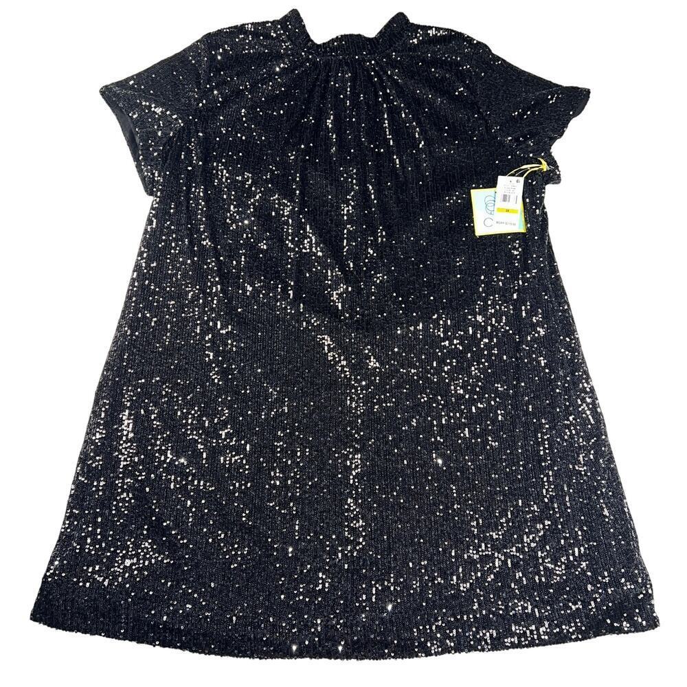 CeCe Black Sequin Cocktail Shift Dress Satin Tie Neck Short Sleeve NEW Size 3X